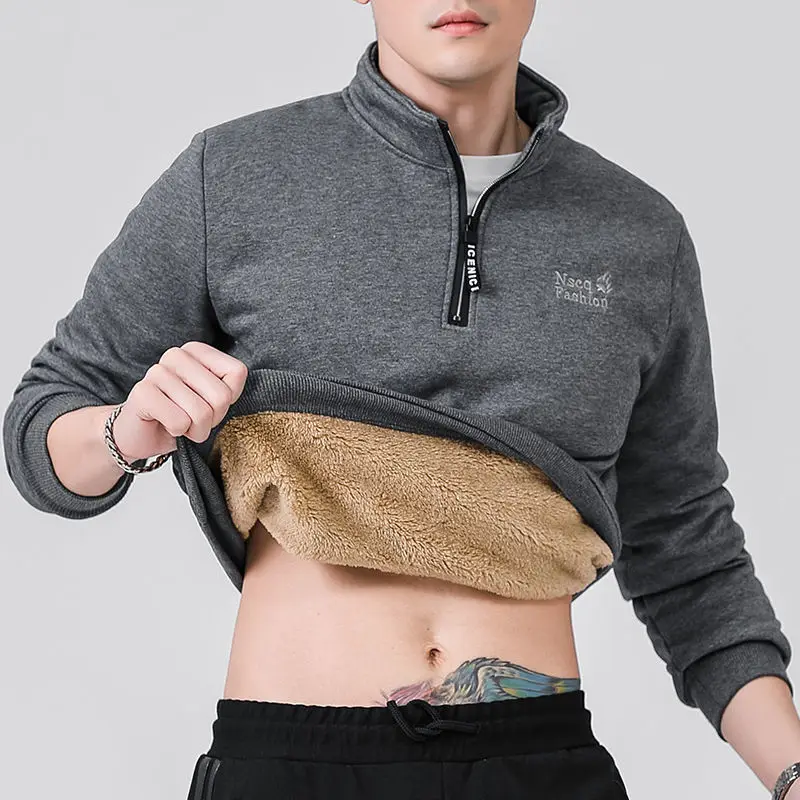 Winter New Fleece Sweatshirt Men Outdoor Work Lined Warm Sweatshirt Pure Color Thicken Warm Sweatshirt Thicken Plus Hoodies Male