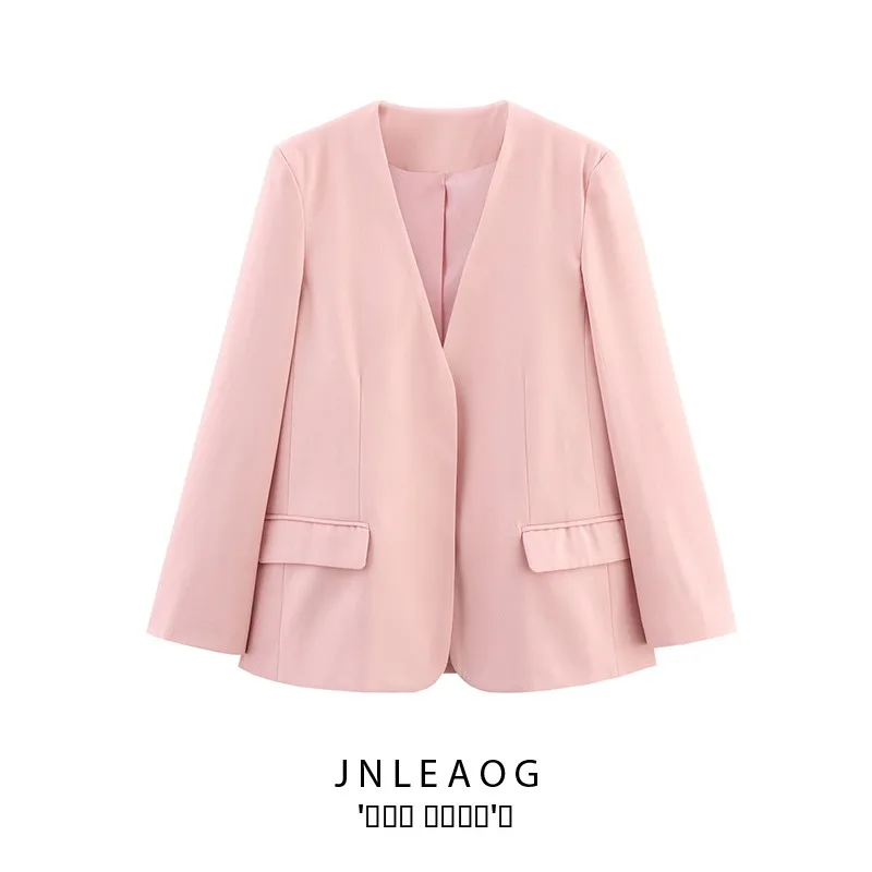 

JNLEAOG Faionable Pink Loose Nel Women's Suit Jaet Autumn New Sle Versatile Design Busin Casual Polyester