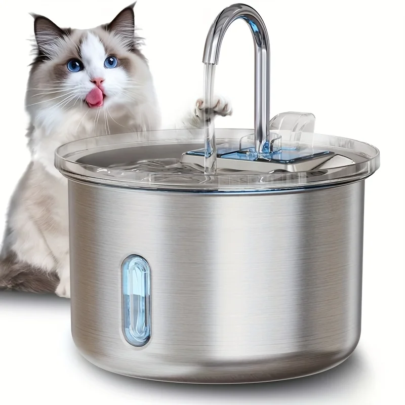 

2L/67.63OZ Cat Water Fountain, Stainless Steel Automatic Pet Water Dispenser, Dog Drinking Dispenser Dish Animal Feeding & Watering Supplies Waterfall with 1 Replacement Filter (FT400 Model), Without Battery
