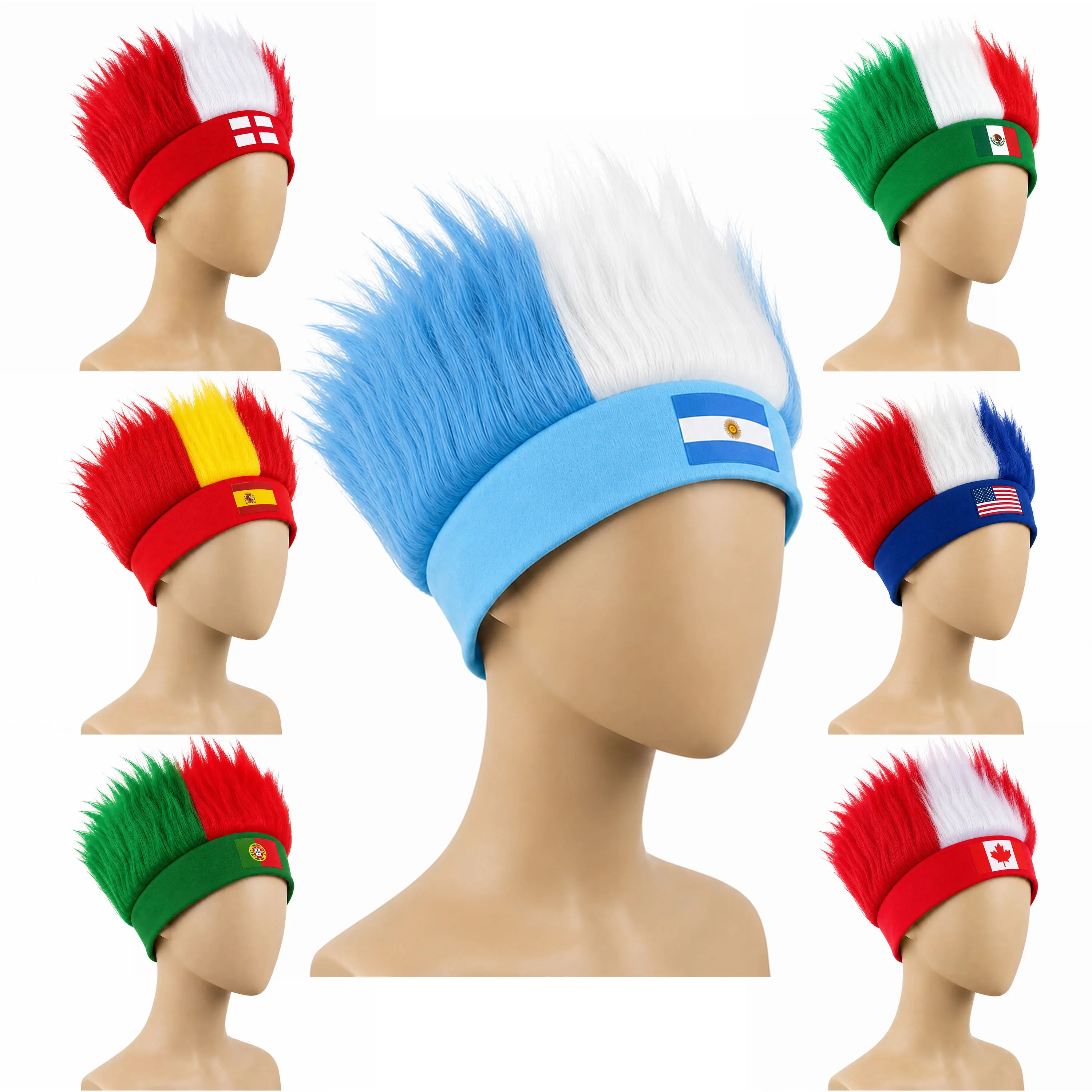 World Cup Wig with Logo, National Flag Colors,Headgear,Fan Wigs CostumeBrazil, Argentina, France, Germany, Mexico, United States
