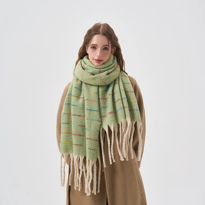 2023 Winter Plush Thickened Keep Warm Gradient Simple Color Colored Stripe Scarf Retro Tassel Women Collar Shawl Long Scarf