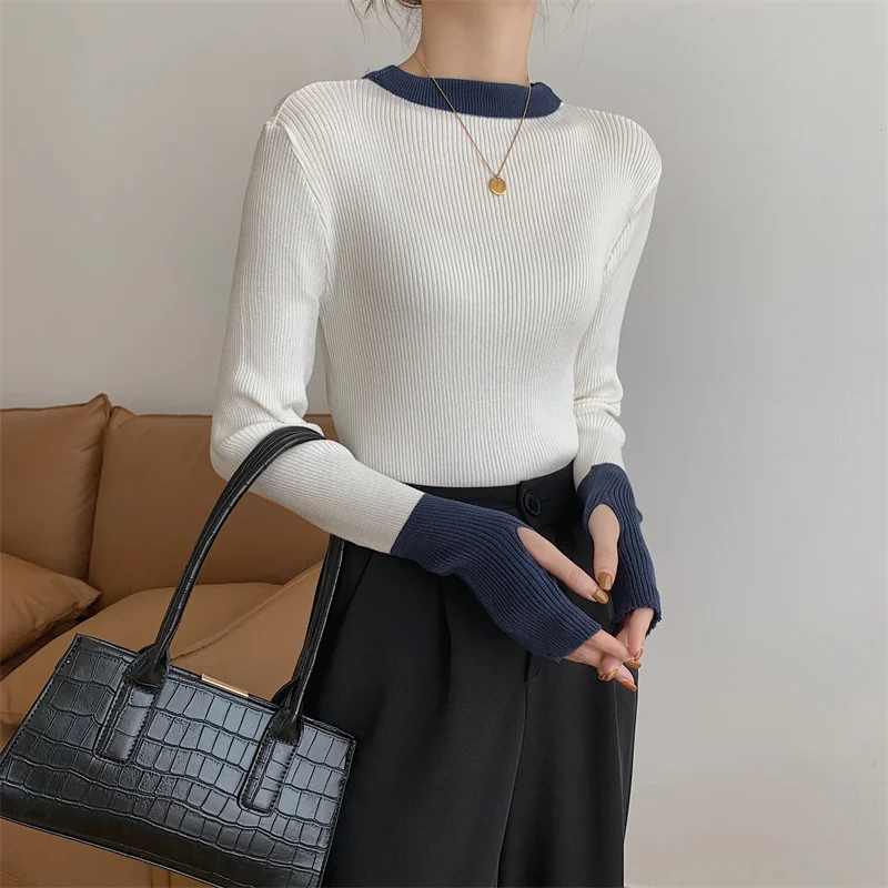 Seoulish Spring Half Turtleneck Colorblock Knitted Women\'s Sweater 2024 New Long Sleeve Bottoming Solid Sweater Female Slim Tops