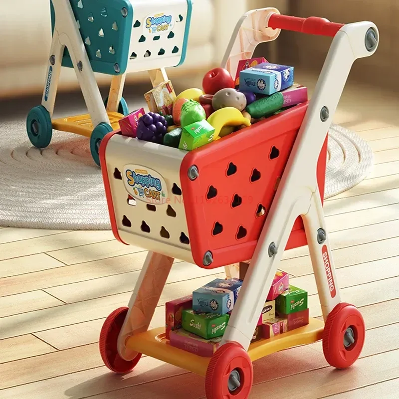 Grande carrinho de compras de supermercado para crianças, carrinho, carro push, brinquedos, cesta, simulação, frutas, comida, fingir brincar, casa, crianças, novo