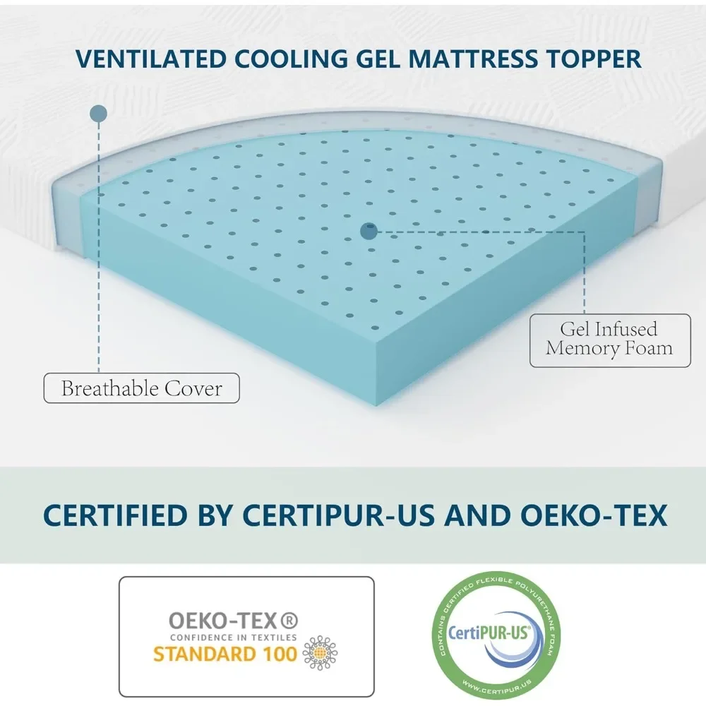 Gel Memory Foam Mattress Topper, Cooling Bed Topper with Removable Cover, Soft & Pain Relief & Breathable