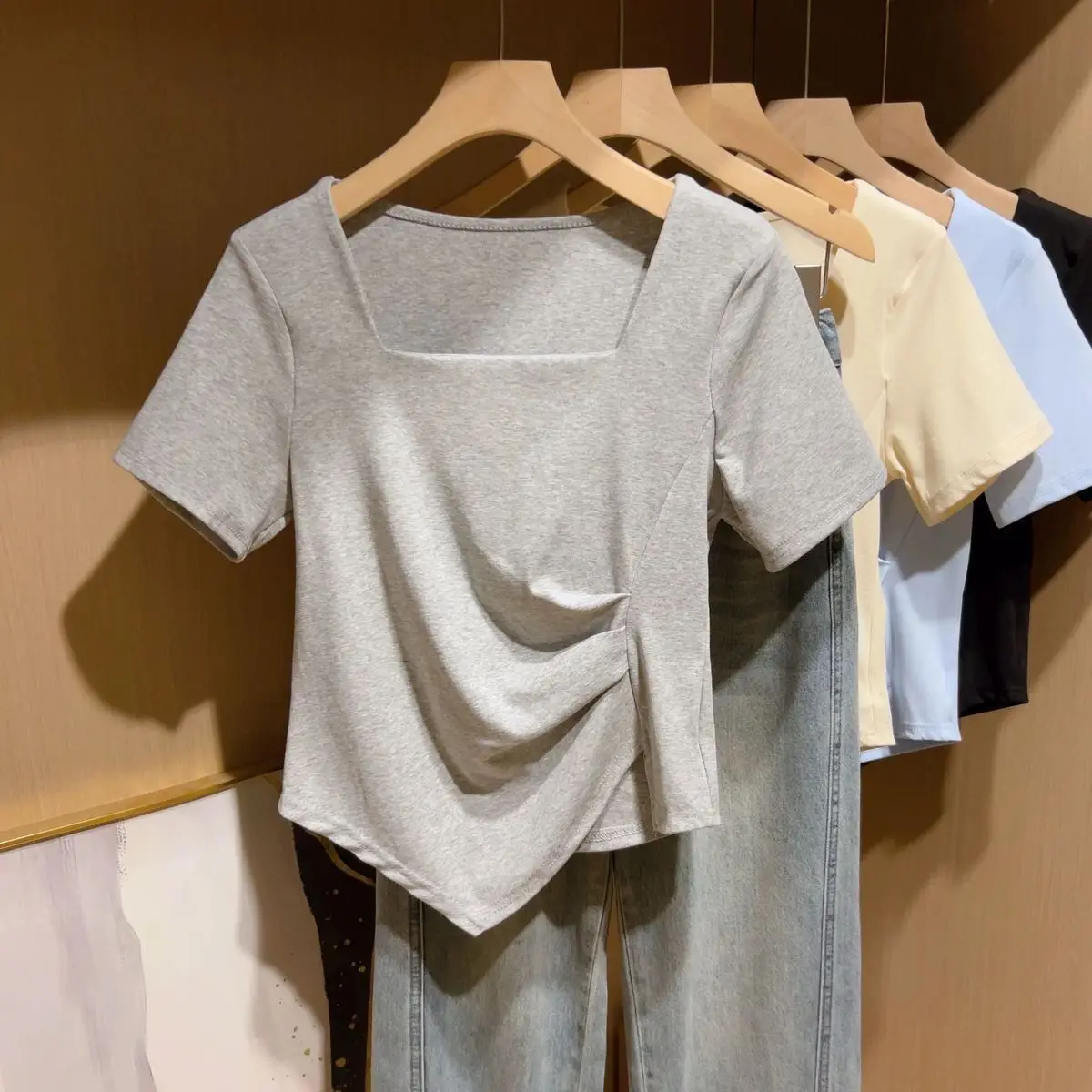

plus Size Women's Short Sleeve T-Shirt Summer Style Square Collar Loose Fit Slimming Short Length Half Sleeve Top Fat MM 200 ...