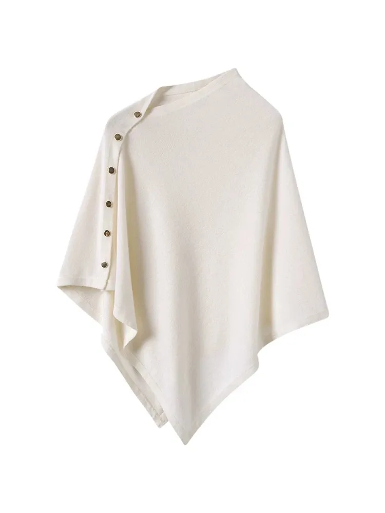 2026 New Autumn Winter Poncho Outerwear Women Pure Cashmere Shawl Solid Color Warm Side Button Knit Cape