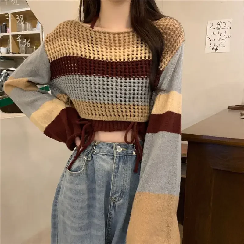 Women Autumn Personality Patchwork Knit Crop Tops Sling Cargo Pants 1 or 3 Piece Set Hotsweet Hollow Out Sweater Trousers Outfit