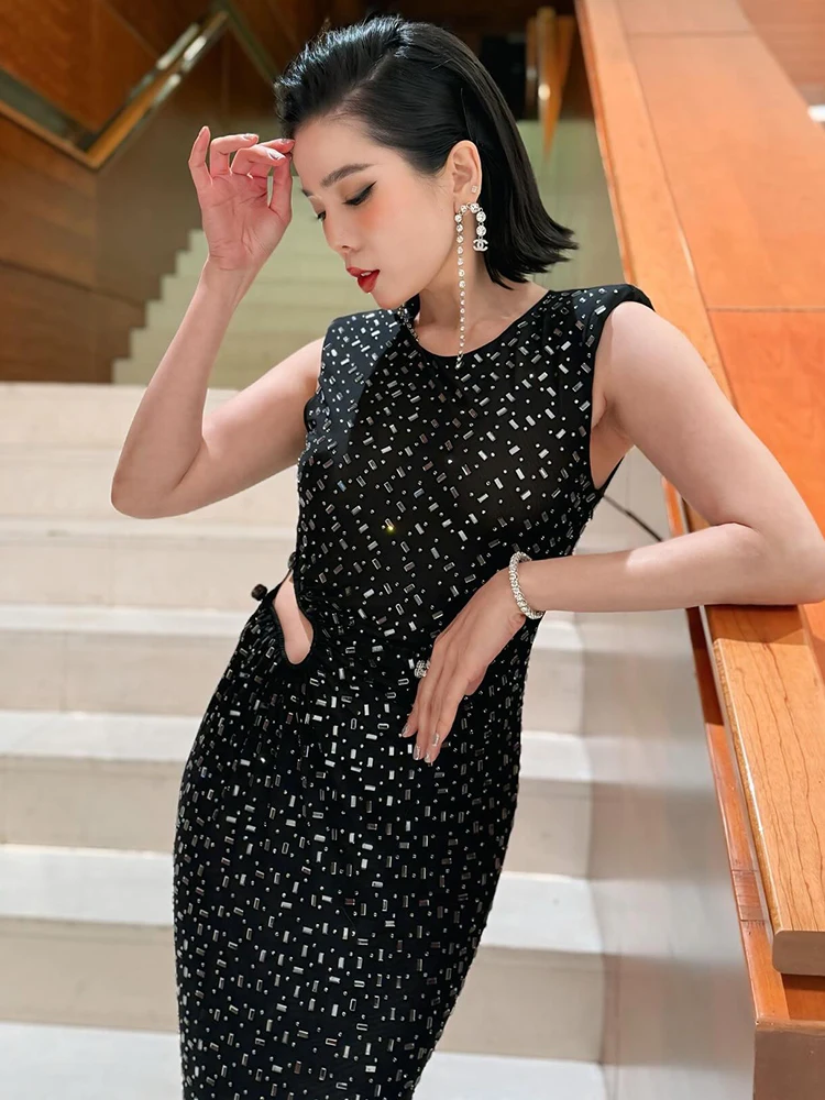 Robe longue noire élégante sans manches pour femmes, ornée de diamants, découpée, robe de soirée formelle de célébrité, nouvelle collection 2025