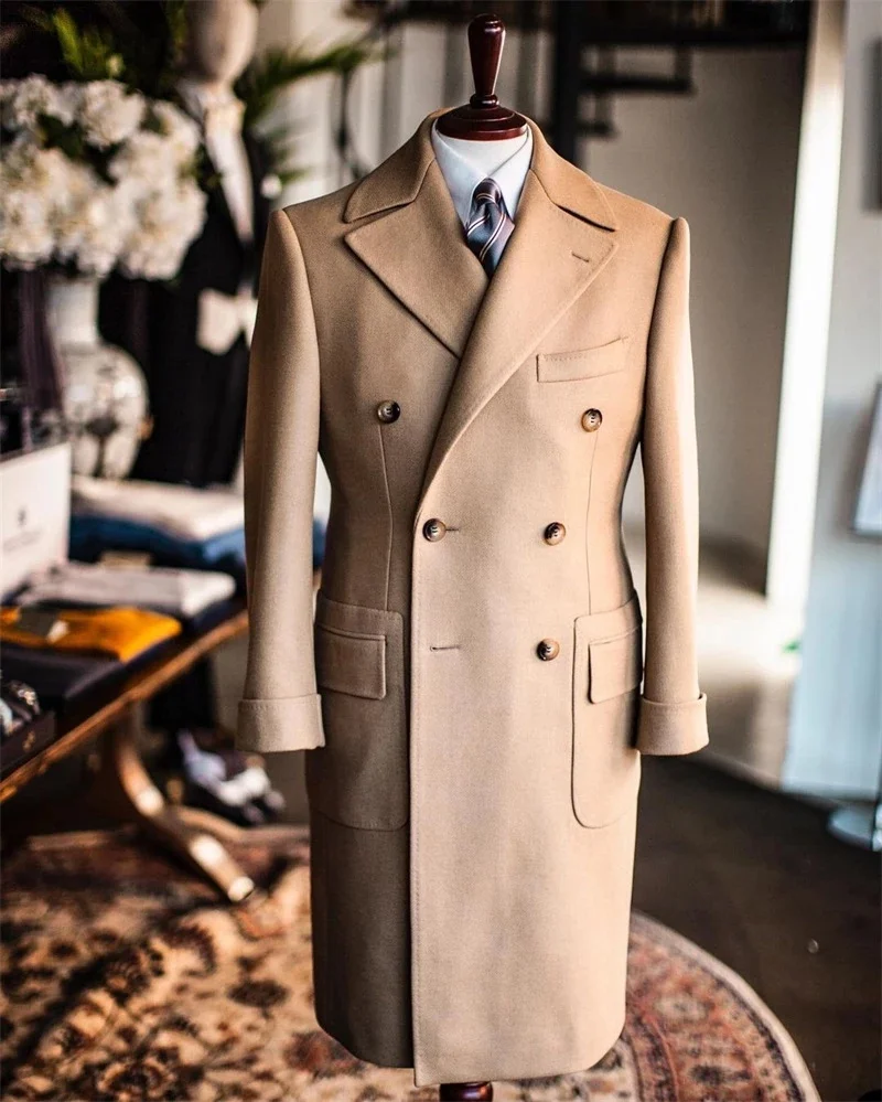 Cappotto da uomo in lana kaki spesso caldo formale doppio petto cappotto lungo inverno stile inglese giacca maschile su misura Kingcoat