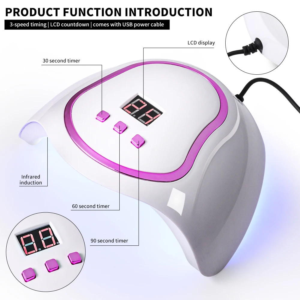 18LEDネイルドライヤーランプ UV/LED速乾ジェルポリッシュ硬化フォトセラピーライト LCDディスプレイ付き アクリルジェル用マニキュアツール