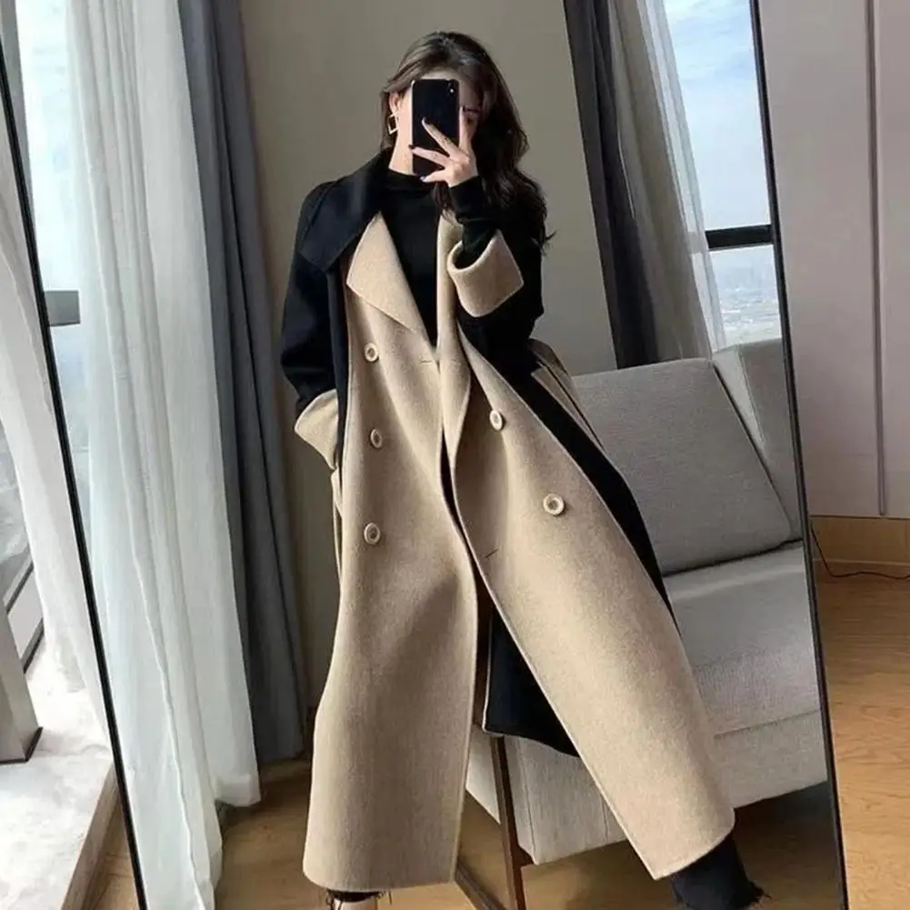 Color-block Double-breasted Women Woolen Coat Elegant Fashion Double-sided Woolen Coat Women Slim Fit Mid-length Belted Jacket