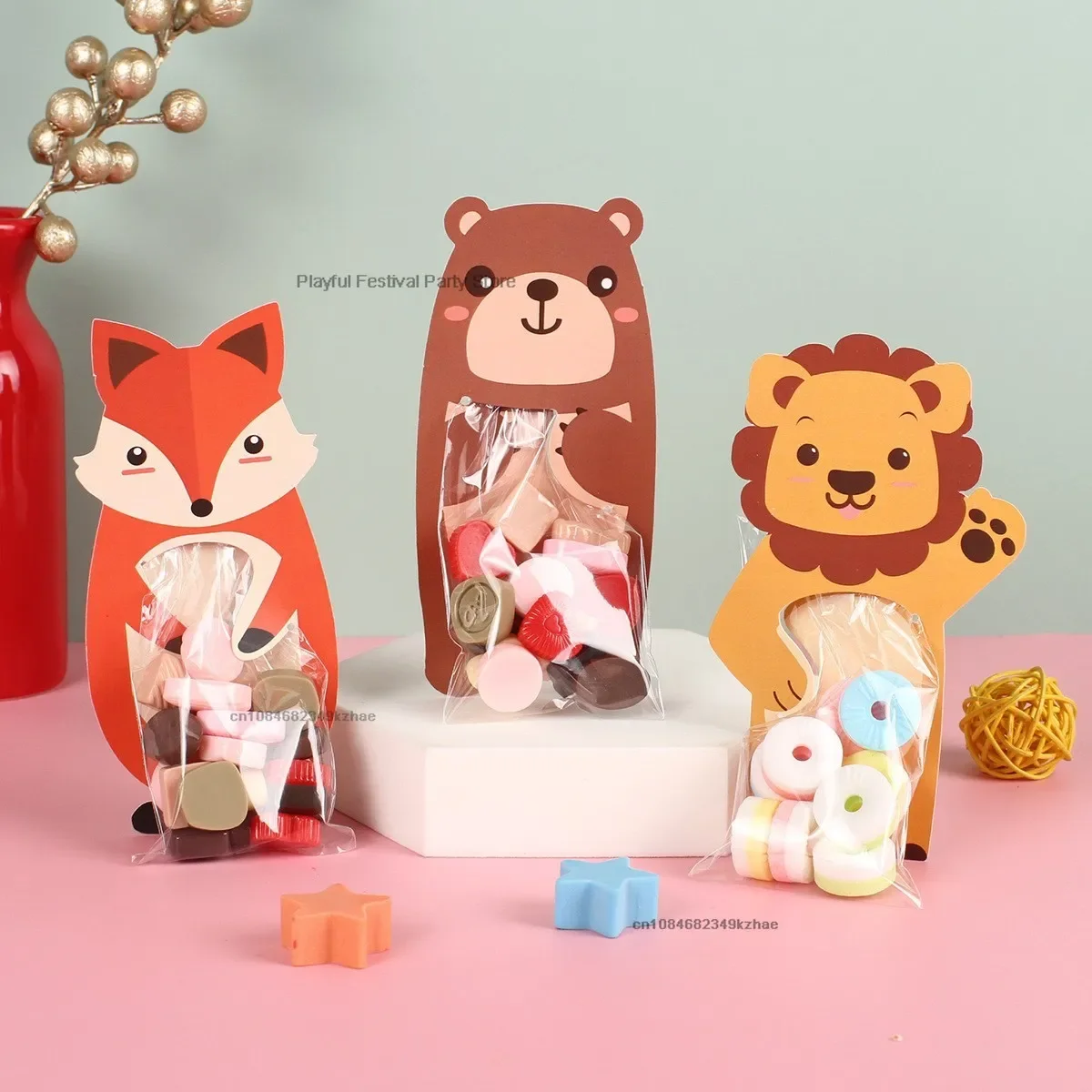 10pcs Animal Card Candy Bags Clear Plastic Bag Jungle Woodland Theme Birthday Parti Candy Chocolate Packaging Bag Treat Bags