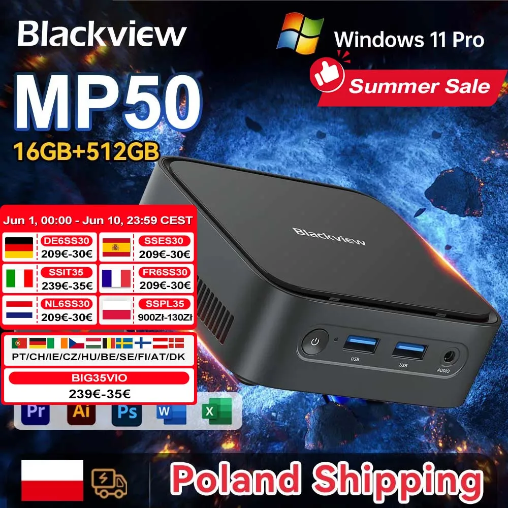 [Shipping from Poland] Blackview Mp50 Mini Pc Amd Ryzen 5 3500U Windows 11 Pro 16Gb Ddr4 512Gb Ssd Mini Computer Wifi 5.0