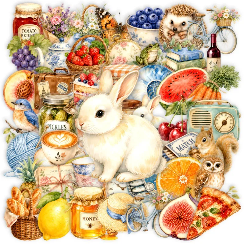 Hand-painted Retro Gadget Stickers 50pcs Healing Gourmet Animal Pattern Cross-border Waterproof PET Handbook Stickers