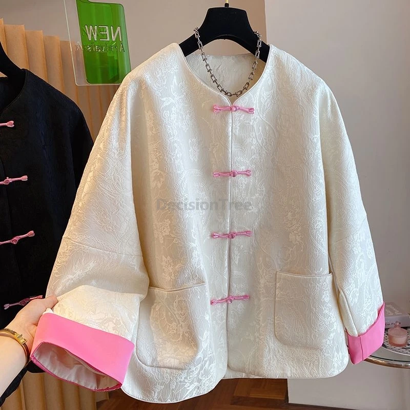 

Spring Autumn Fashionable chinese style tang suit top sweet elegant temperament loose coat stand collar pockets button top