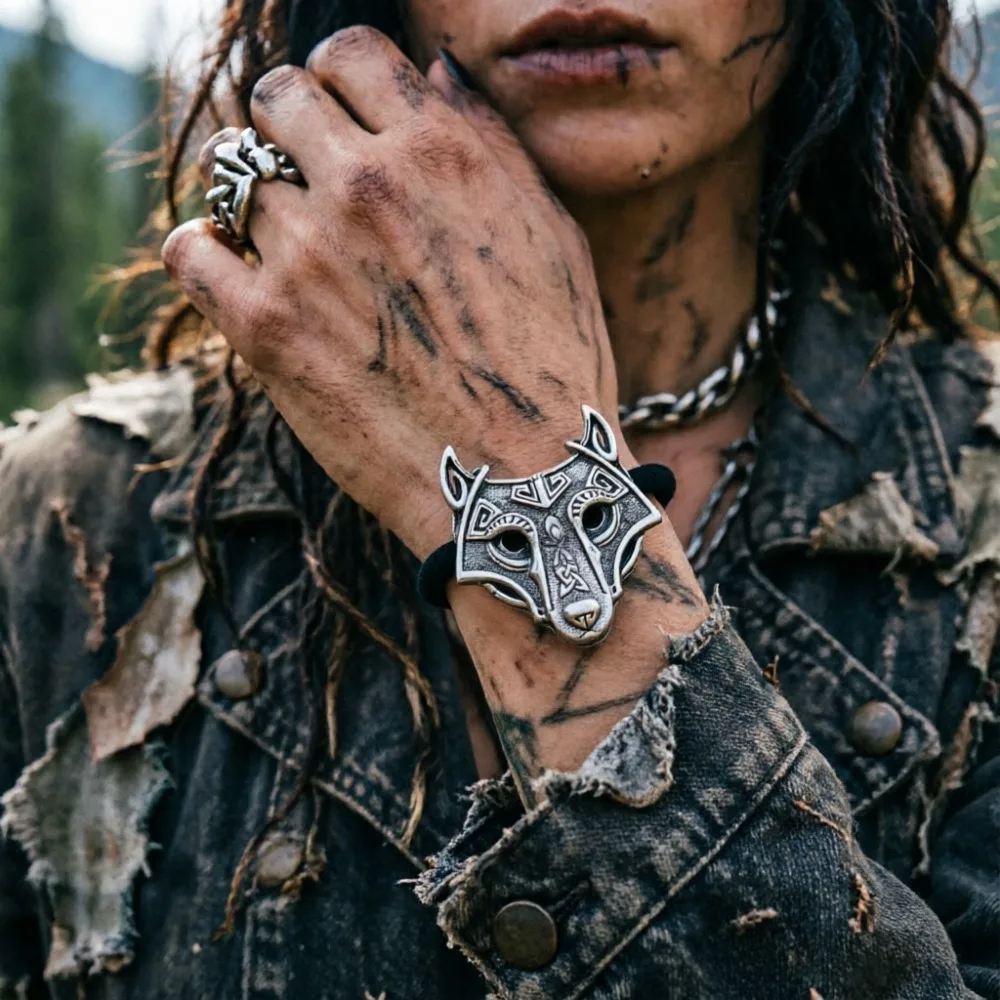 1/3pcs Punk Gothic Metal Vintage 3D Wolf Head Hairband Pony Tail Holder Elastic HairRope Tie Animal  Headwear Women's Accessorie