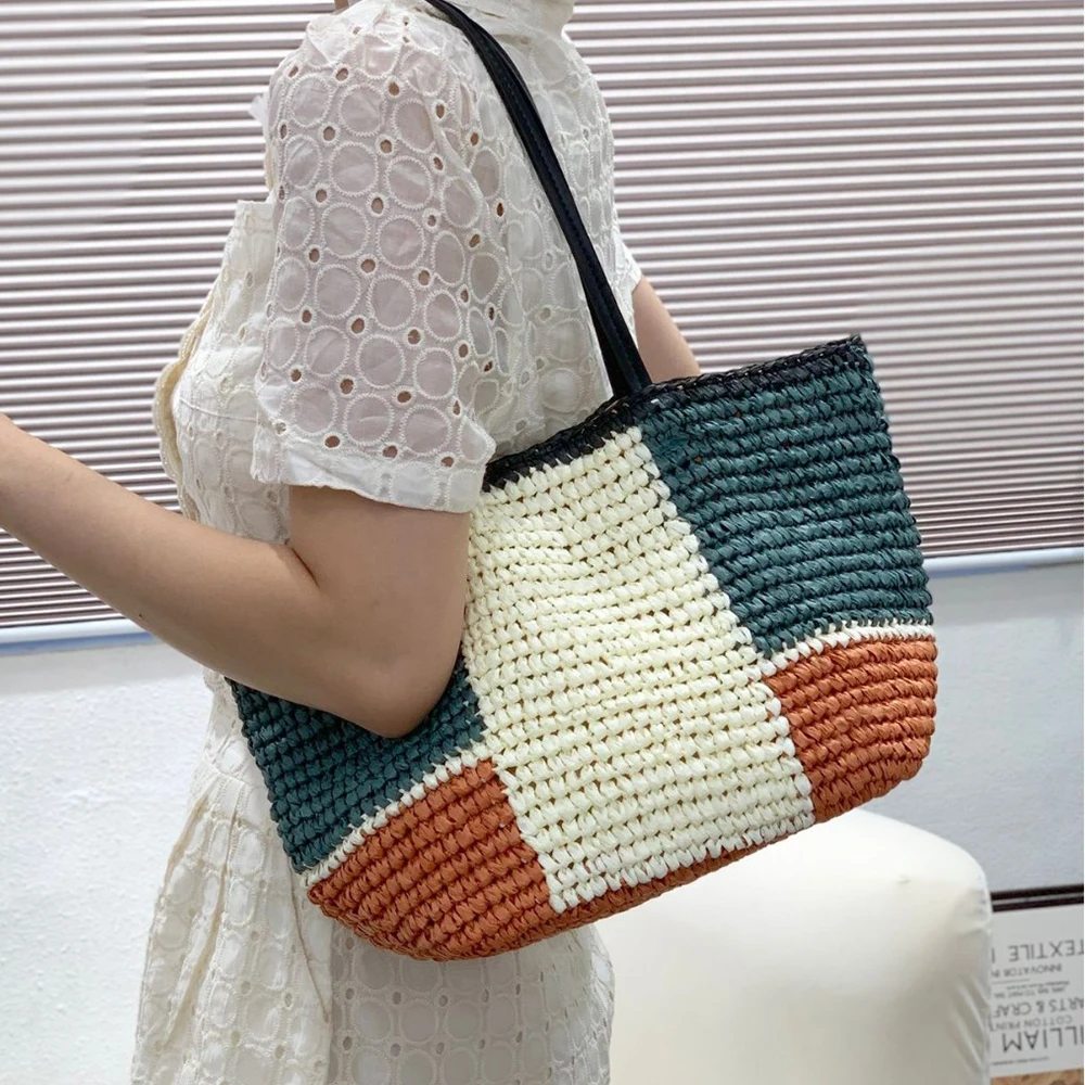 Paper Straw Color - Kleur Patchwork Strandtassen Voor Vrouwen Schoudertas