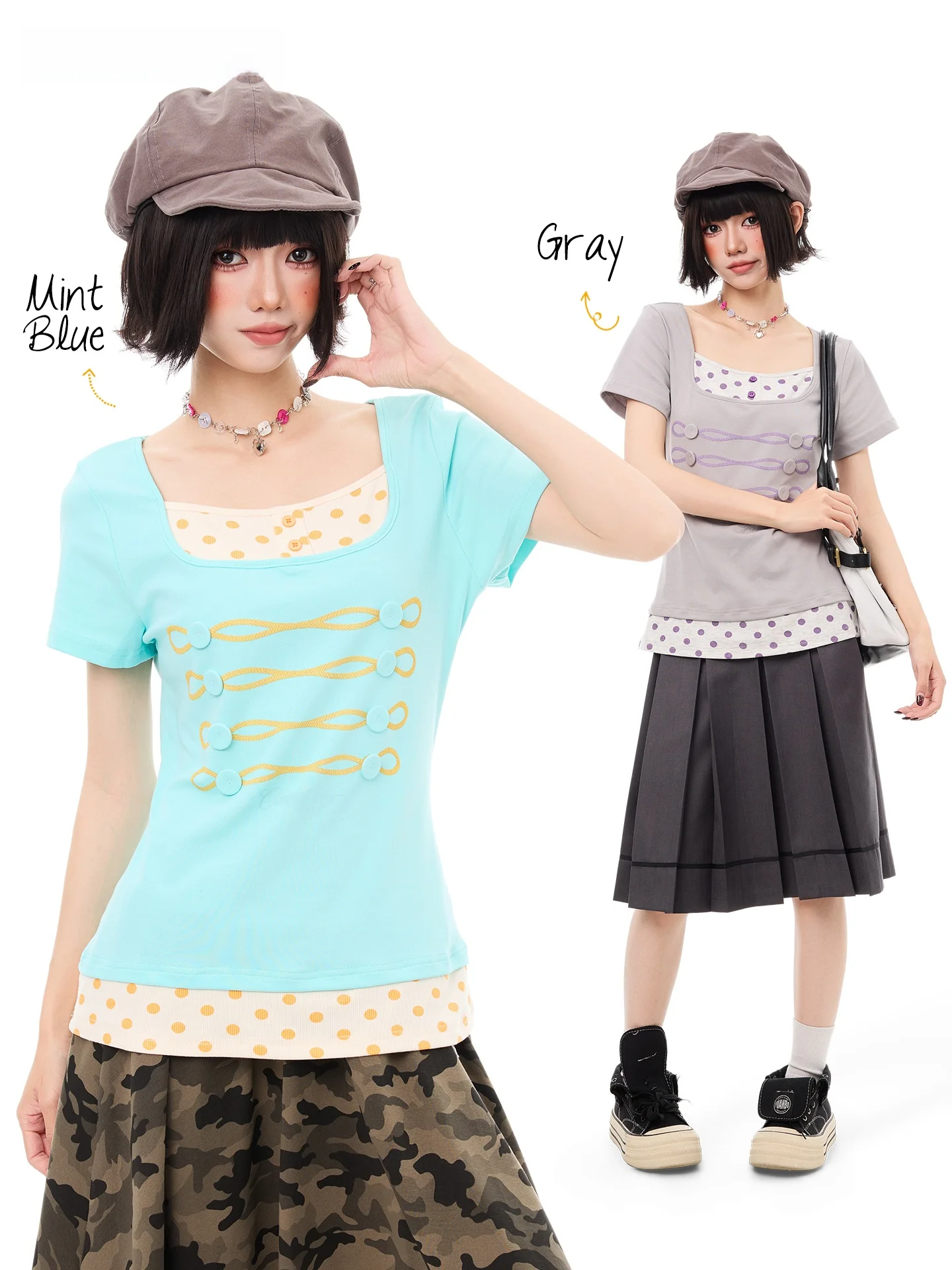 K787 Korean Style Polka Dot Short Sleeve T-Shirt Women's Short Shoulder Button Splice Summer Top Youth Fashion Cotton Blend