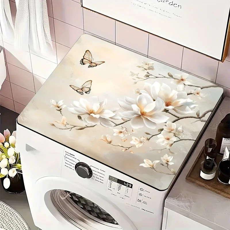 

1pc Washing Machine Top Protector Mat with Magnolia & Butterfly Design, Elegant Decor Accent, Nonslip Surface