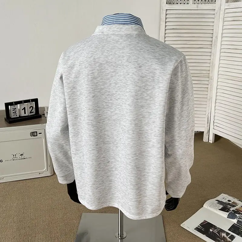 Fake Two-piece Spliced   sweatshirt Men's Autumn Style High-end and Handsome Long-sleeved T-shirt American Retro POLO Shirt