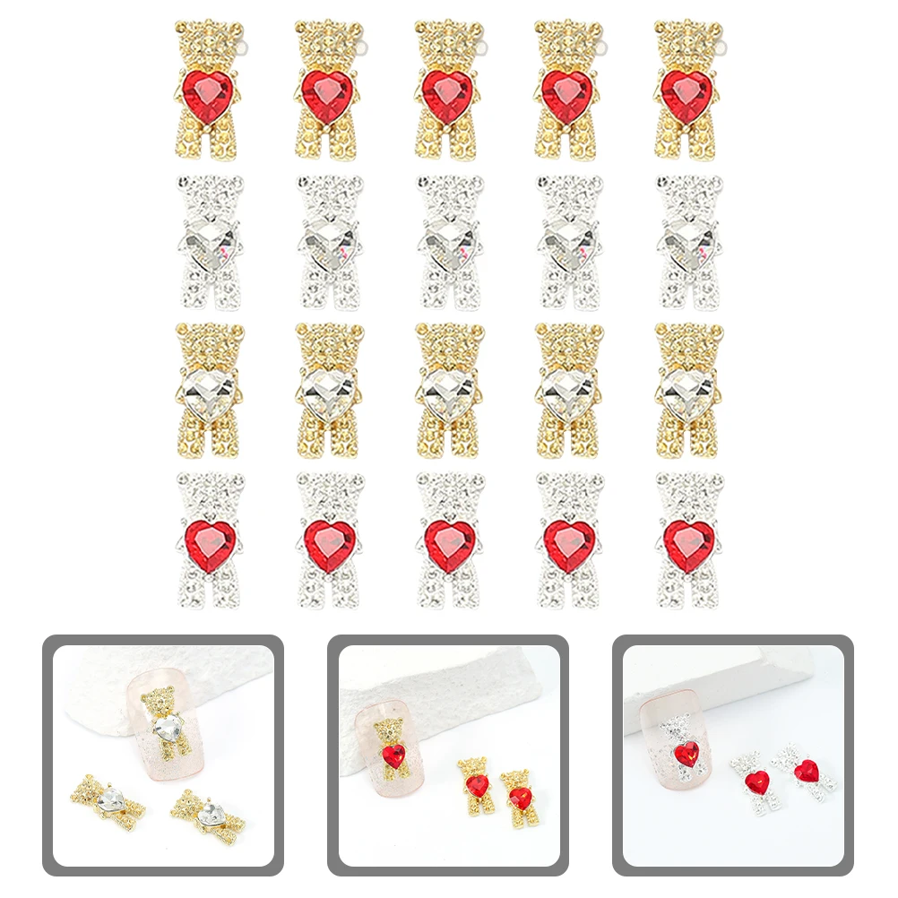 

20pcs Bear Decor Accessories Manicure Rhinestones Charms Flatback Nail Gems Heart Shaped Cute Nail Art Supplies For Women Diy