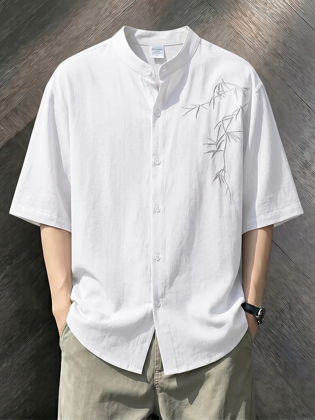 Elegant Embroidered Bamboo Leaf Collar Shirt Men's Loose Fit Short Sleeve Chinese Style Breathable Summer Casual Shirt