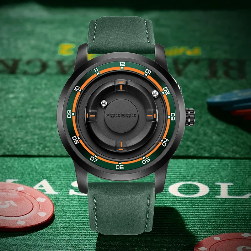 FOXBOX Unique Dial Quartz Man Watch Fashion Casual Sport Leather Srolling Beads Clock Magnetic Force Waterproof Watches Male+Box view 2