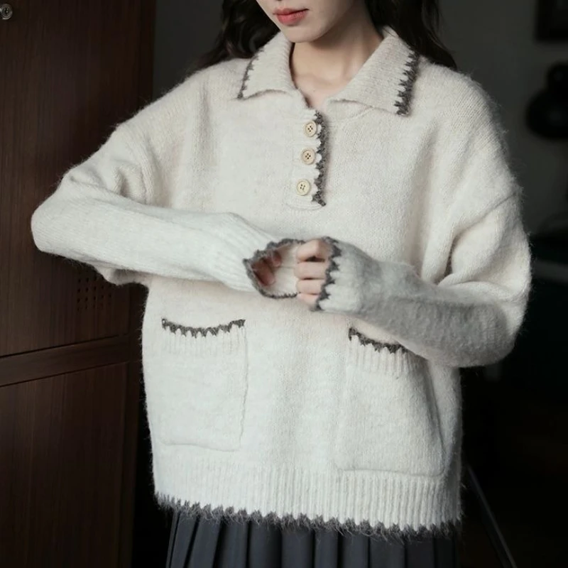 

Sweet Polo Collar Contrasting Color Pullover Sweater for Women's Autumn and Winter New Loose and Lazy Knit Sweater Top