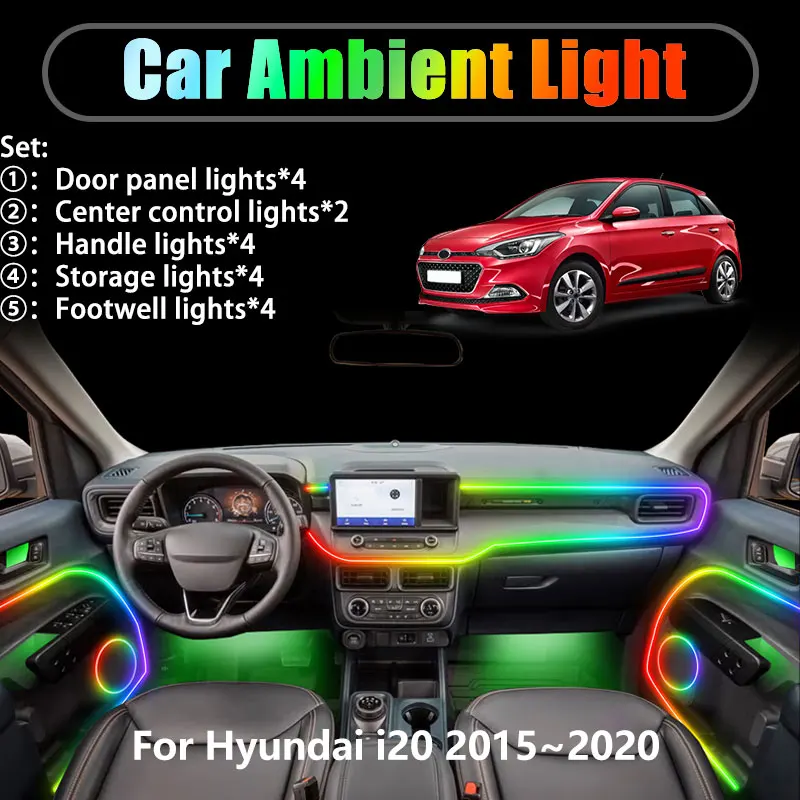 

Для Hyundai i20 2015 ~ 2020 ГБ IB MK2 2/18 в 1, автомобильное окружающее освещение, светодиодное освещение багажника, внутренние светодиодные фонари USB RGB Ensemble Streamer Auto