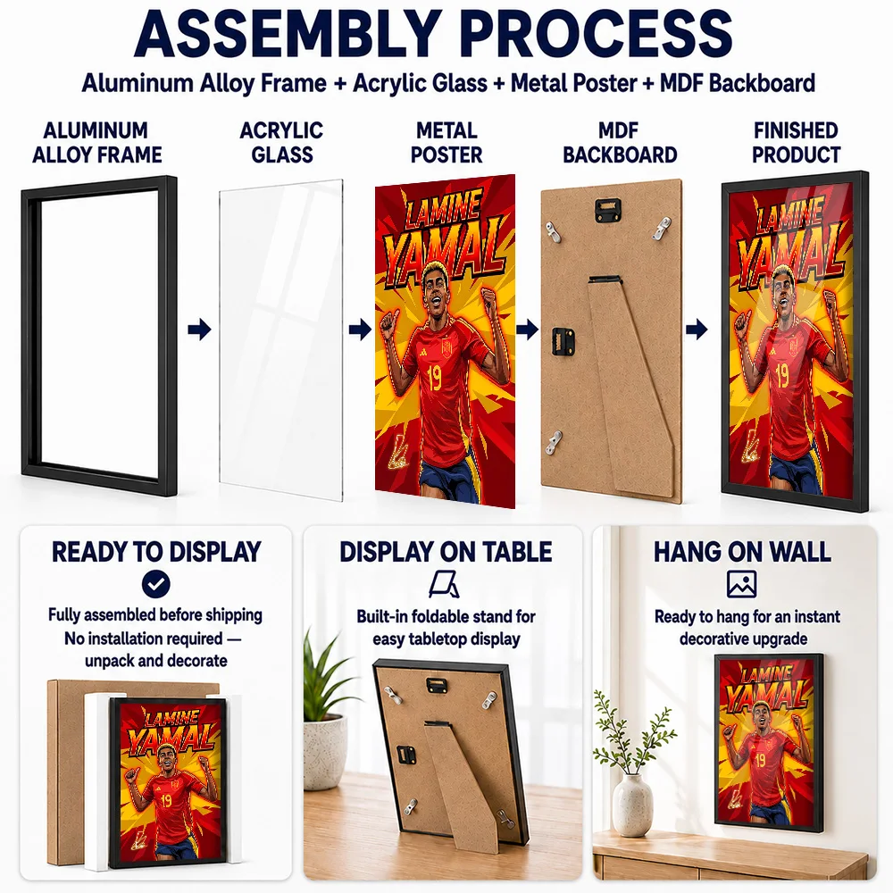 Lamine Yamal Spain Football Soccer Framed Aluminum Metal Poster Customized Photo Energetic Graphic Style Wall Art For Bedroom