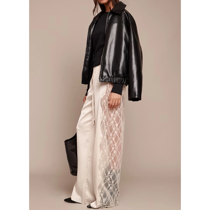

Women's Sheer Floral Lace Satin Silk Patchwork Long Pants Drawstring Elastic Waist Wide Leg Y2k Silky Pajamas Bottoms Loungewear