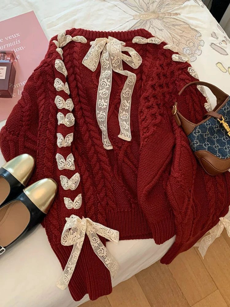 

Red Sweaters Chic Bow Lace-up Pullovers Women Cute Sweet Girls Knitted Autumn Winter Korean Fashion Christmas New Year Clothes