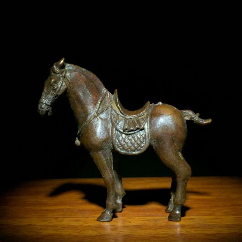 Antique Bronze Collection Antique Solid Copper Small Tang Horse Ornament Steed Horse with Saddle Pony Small Copper Horse Hand Pi