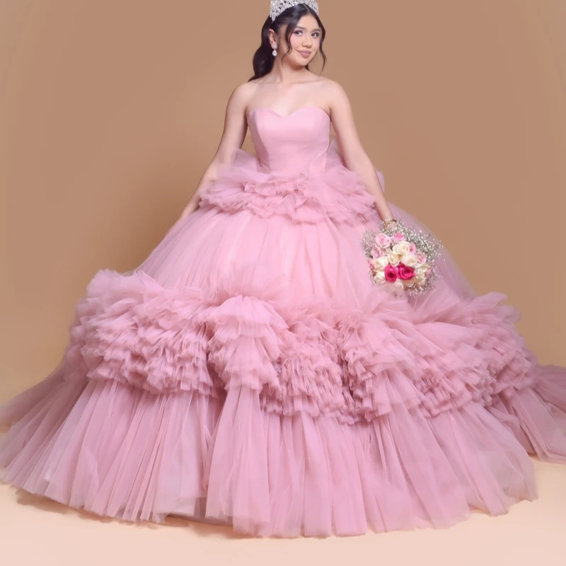 

Light Pink Quinceanera Dresses Ball Gown Off The Shoulder Tiered Tull Party Birthday Sweet 16 Dress Vestidos 15 Anos