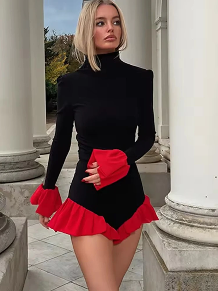 

Fantoye Patchwork Long Sleeve Ruffles Women Bodysuit Round Neck Short Jumpsuit Female Autumn Winter Bodycon Casual Playsuit New