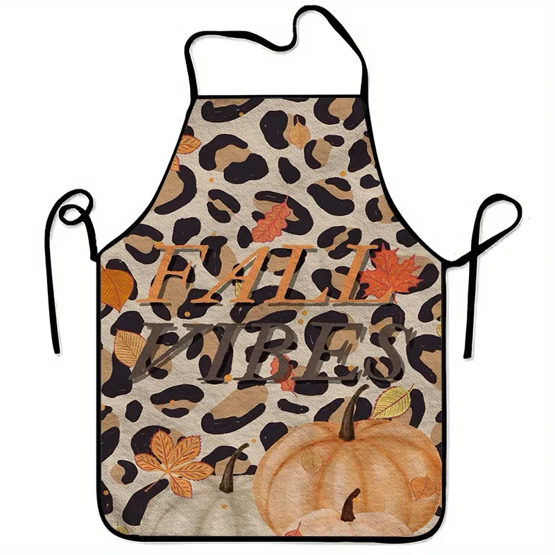 1pc Large Heavy-Duty Autumn Themed Apron - Leopard Print Fall Leaves with Pumpkins Turkey 