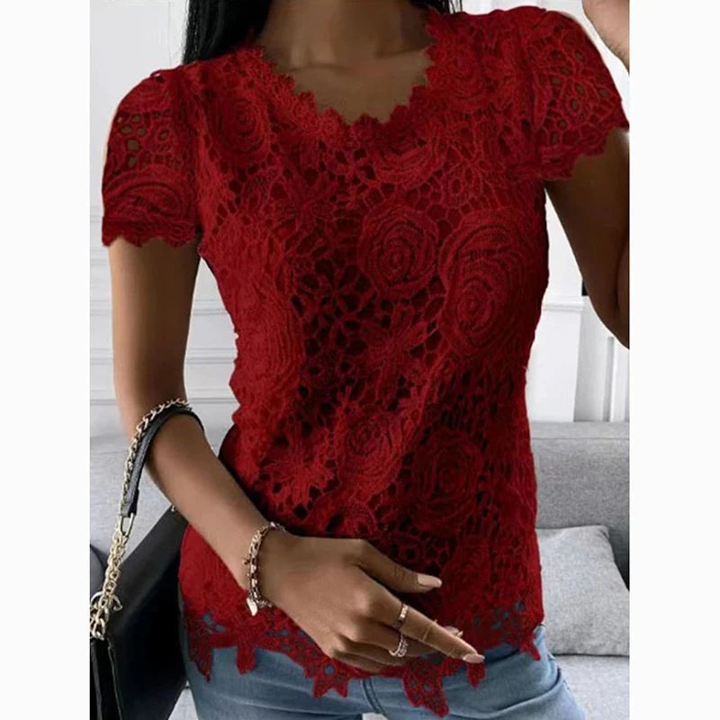 Fashion Elegant Embroidery Casual Shirt Woman Summer Tops Short Sleeve Hollow Lace White Blouse Ladies O Neck Women Shirt 24737