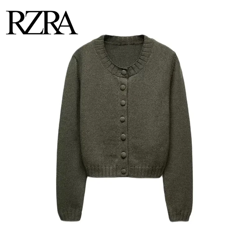 RZRA women\'s clothing 2024 autumn new solid color simple slim knitted long-sleeved round neck casual cardigan sweater jacket