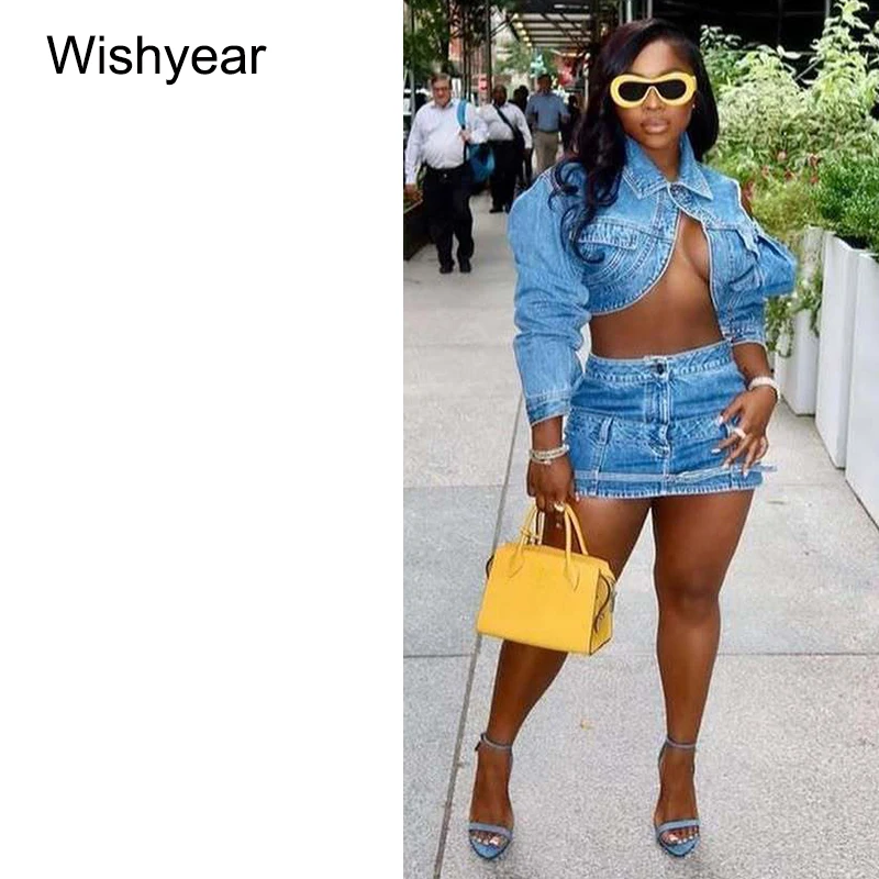 

Elegant Blue Denim Jean Jacket 2-Piece Set Sexy long Sleeve Crop Tops And Skirts Streetwear Outfits for Women Night Club Suits