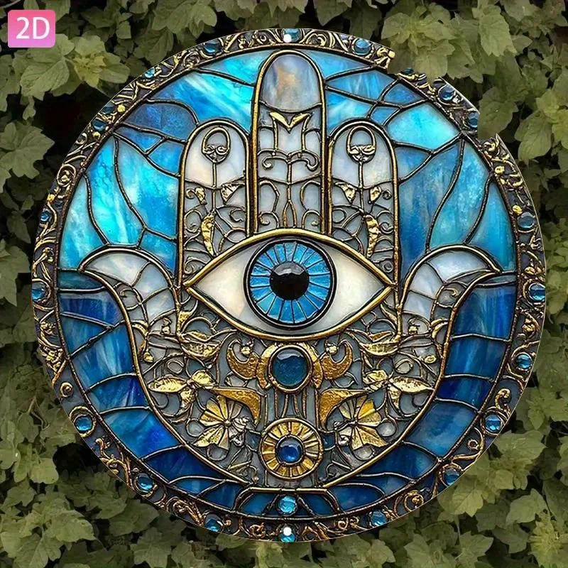 2D flache 1-Hamsa-Handwanddekoration – türkisblaues und goldenes Metall-Amulett mit bösem Augenschutz „Retro-Holzschild“. – Detail 4