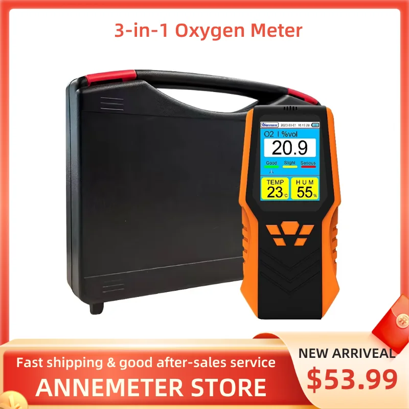 

3-in-1 Oxygen Meter – Handheld O2/Temp/Humidity Detector, Easy Read LCD, Alarm Function, for Indoor/Outdoor Air Quality Testing