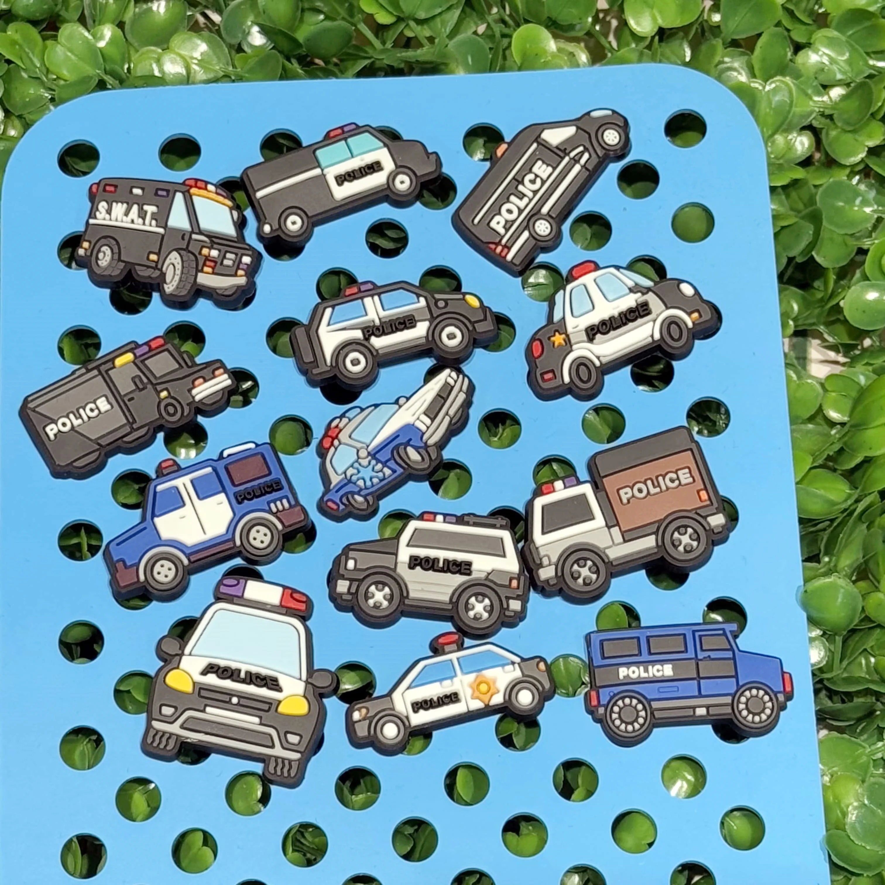 13PCS Cartoon Vehicles Police Car PVC Shoe Charms For DIY Bracelets Sandals Shoes Accessories Garden Shoes Button Decoration