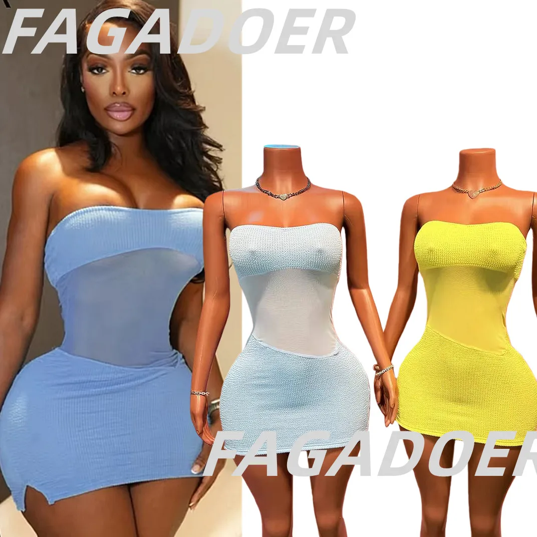 

FAGADOER Hot Girl Sexy Mesh See Through Bodycon Mini Dress Fashion Patchwork Off Shoulder Dress Summer Night Party Club Vestidos