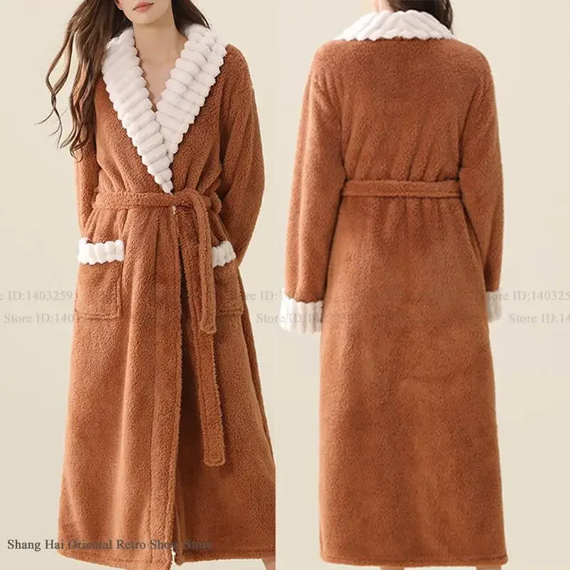 

Thicken Warm Flannel Long Robe for Women Soft Comfortable Coral Fleece Sleepwear Home Clothing Winter Loose Bathrobe Lounge Wear