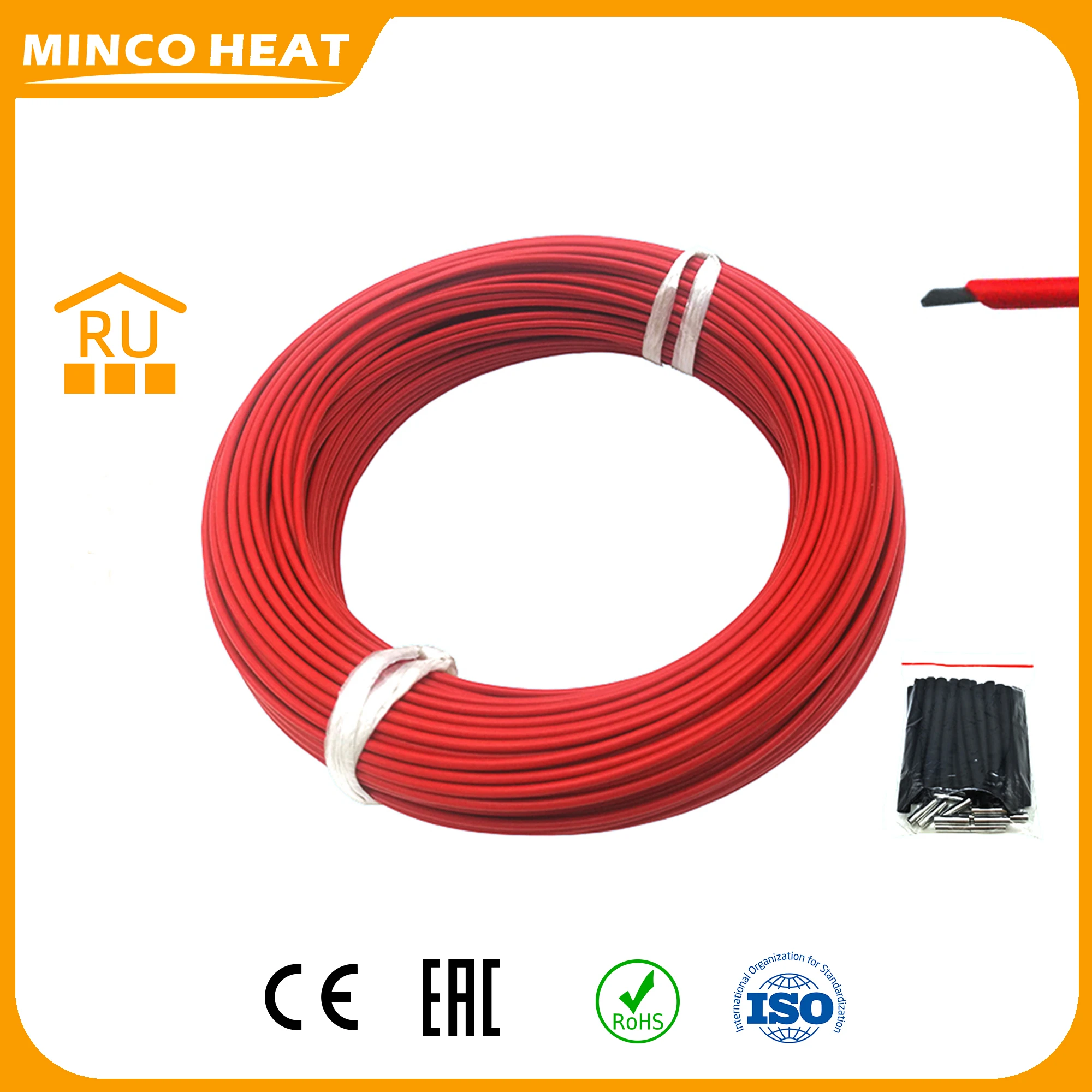 Minco Heat 50m Fluoroplastic Carbon Fiber Heating Cable for Flooring 2mm 12K 33Ohm/m Resistance with Tuya WiFi Thermostat