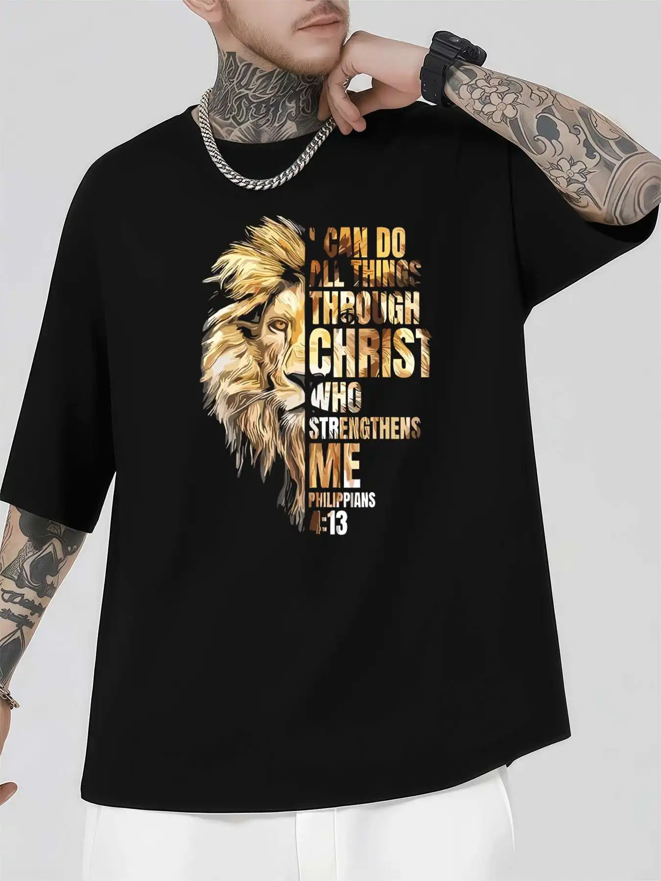 

Lion Christ Faith Graphic Tee Men's 220gsm New Summer Casual Crew Neck Pure Cotton Short-Sleeved T-Shirt