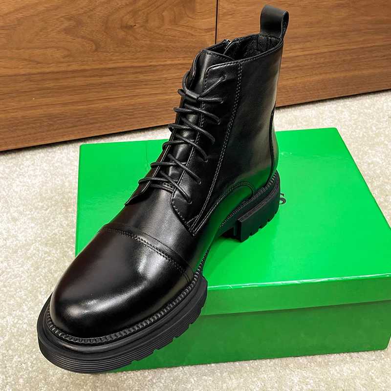 New British Style Motorcycle Chelsea Boots Men  Genuine Leather Lace-Up Outdoor Casual Business Work Shoes Youth Luxury Fashion