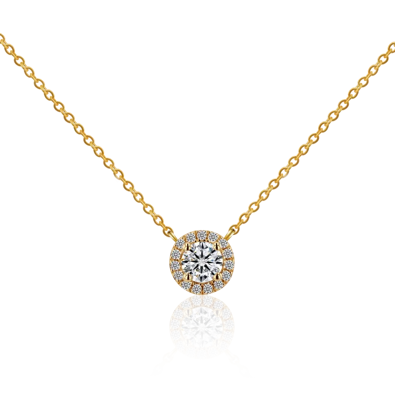 18k Yellow Gold Diamond Necklace Small Size Lab Grown Diamond With Halo Melee Lab Diamond Pendant In Stock