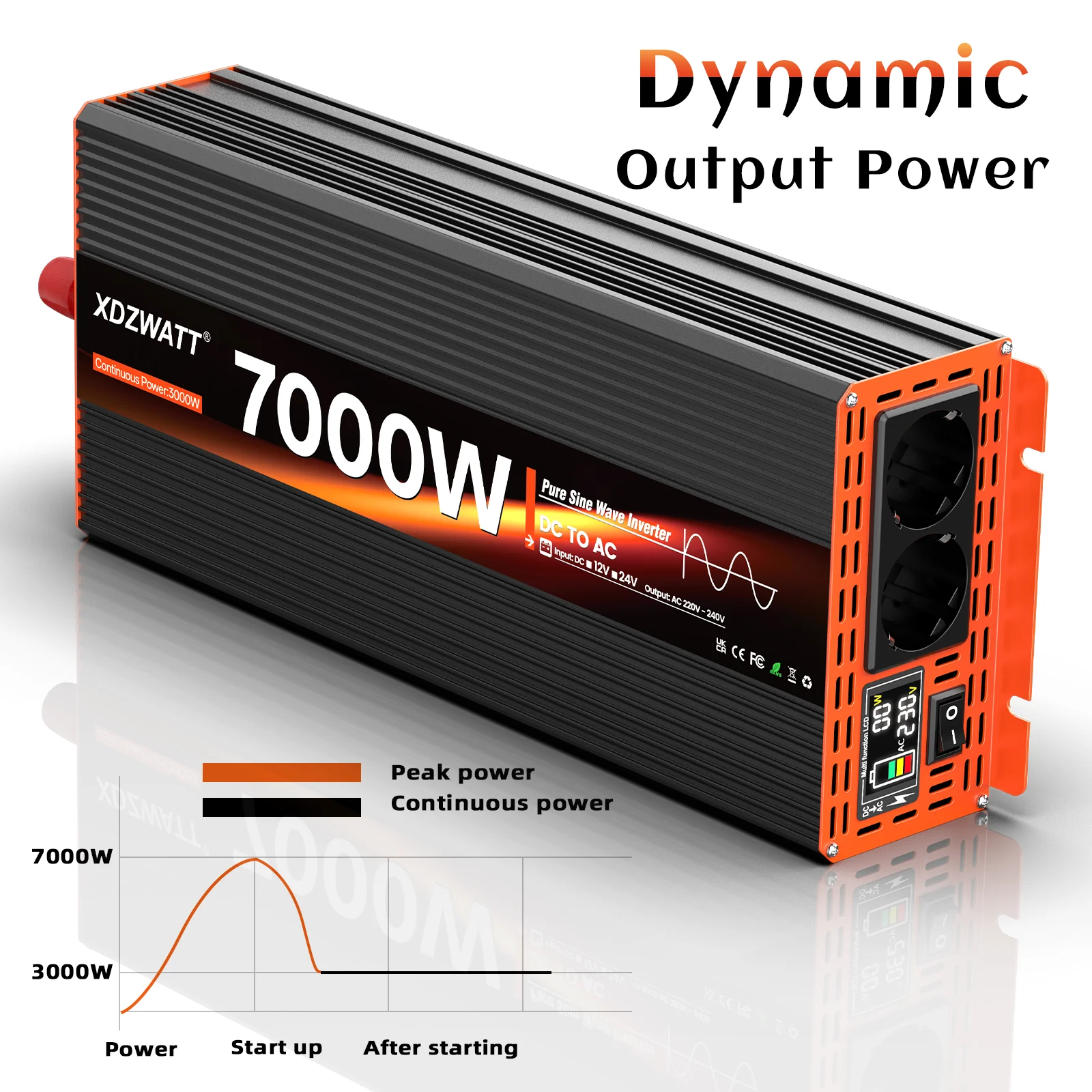 Inversor de onda senoidal pura, 7000w, potência máxima, dc 12v para ac 220v 230v 50hz, tomada ue para rv, viagem, eletrodomésticos, display lcd