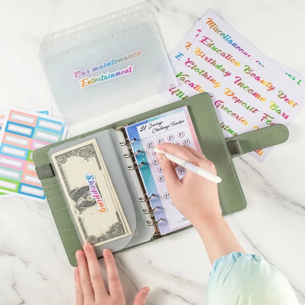 PU Leather Envelope Challenge Binder Refillable Loose-leaf Savings Challenges Book Challenging Cash Envelopes
